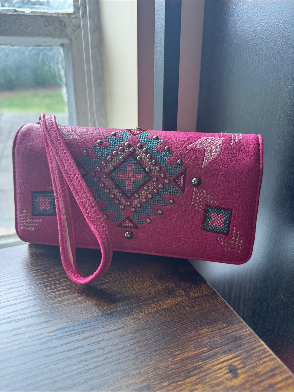 Montana West Hot Pink Embellished Wristlet Clutch with Teal Accents nwt